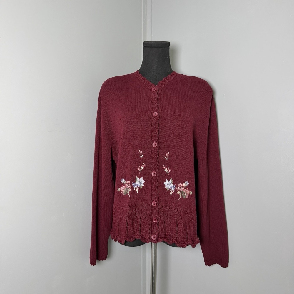 Womens Burgundy Eyelet Floral Embroidered Cardigan L Cottagecore Boho Whimsigoth